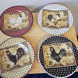 Sakura Retro Rooster Dinner Plates Set of 4 Farmhouse Chicken Polka Dot 10.5"